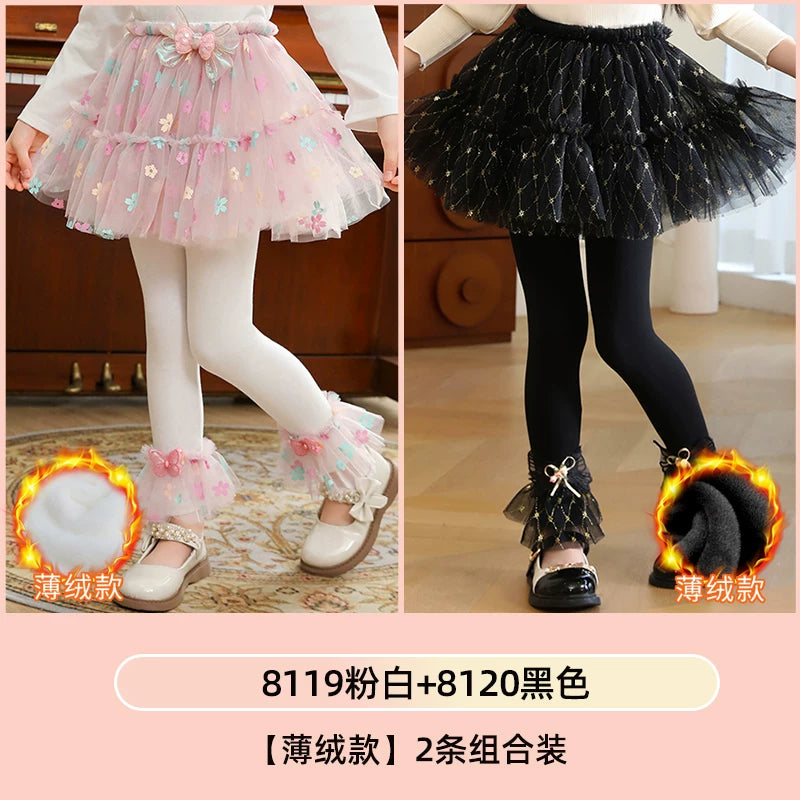 Qızlar üçün bir hissəli ətək şalvarları, 2025-ci ilin yaz və payız mövsümü üçün yeni model uşaq qış geyimləri, flis astarlı, süni iki hissəli leqinslər, ağ, çöldə geyinmək üçün.