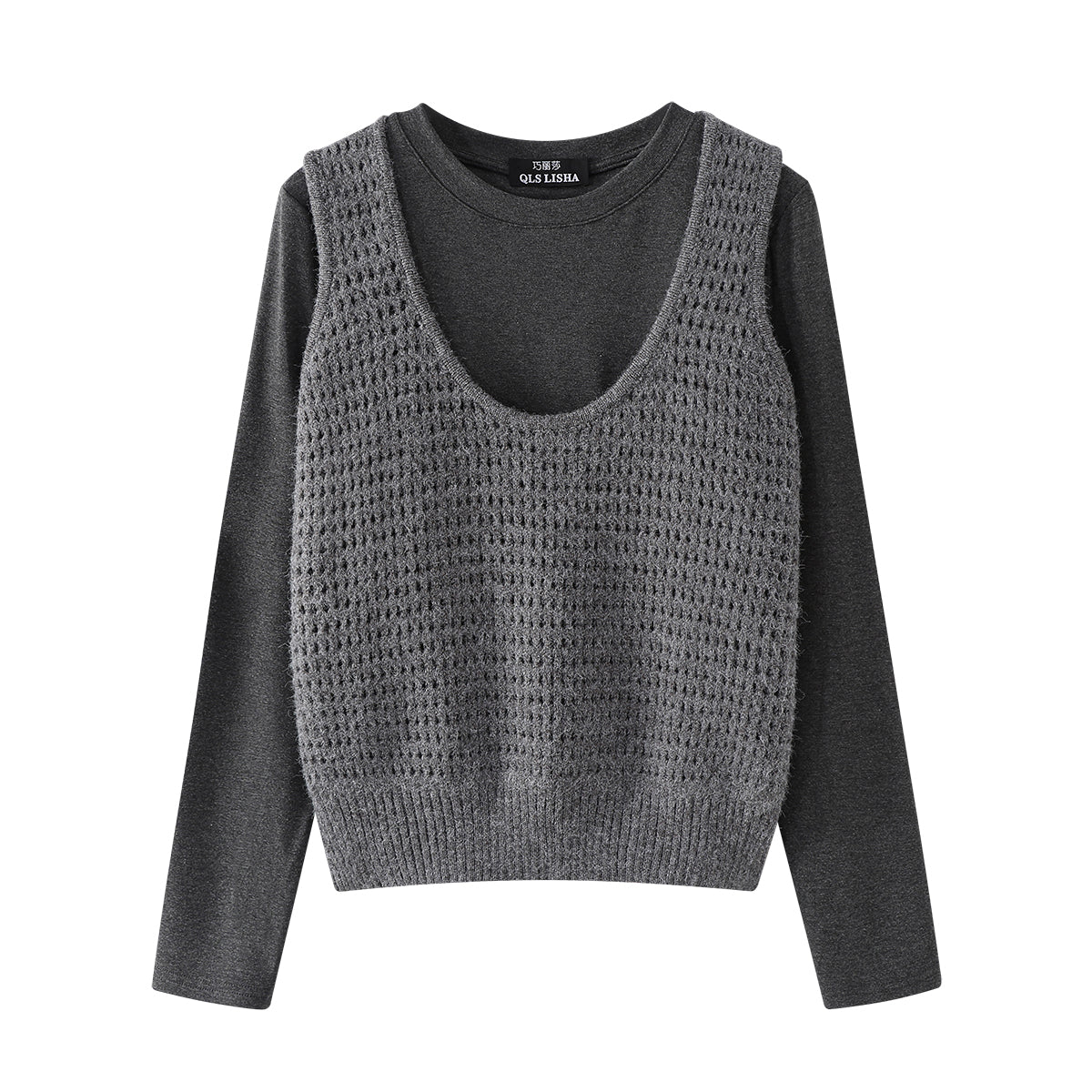 Chiao Lisa Miu üslubunda qadın jileti, yaz və payız boz rəngli uzunqol trikotaj, laylı, içi boş jilet iki hissəli dəst