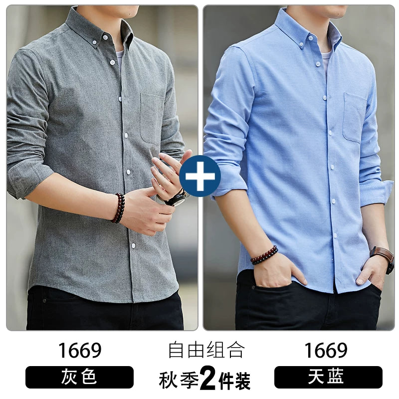 Kişilər üçün uzunqol köynək, gənclik üslubunda, boş forma, dəbli brend, yüksək səviyyəli Oksford parça, düz rəng, payız geyimi, gündəlik üst geyim.