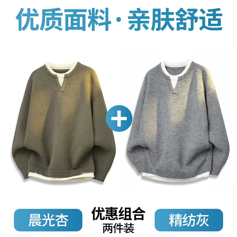 Romon Faux İki Hissəli Sviter Kişilər üçün 2025 Yeni Payız və Qış İsti Trikotaj Qalınlaşdırılmış Daxili Qatlı Kişi Topu