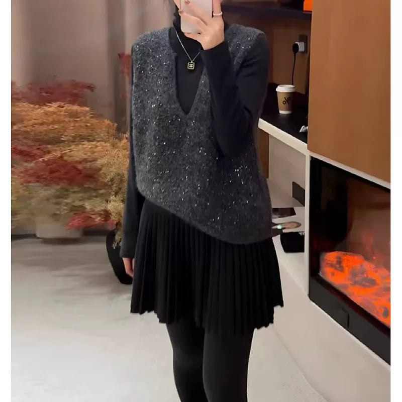 Qadınlar üçün Avropa üslubunda muncuqlu qolsuz toxunma jilet, yay üslubunda, böyük ölçüdə, geniş formada, yüksək səviyyəli hiss.