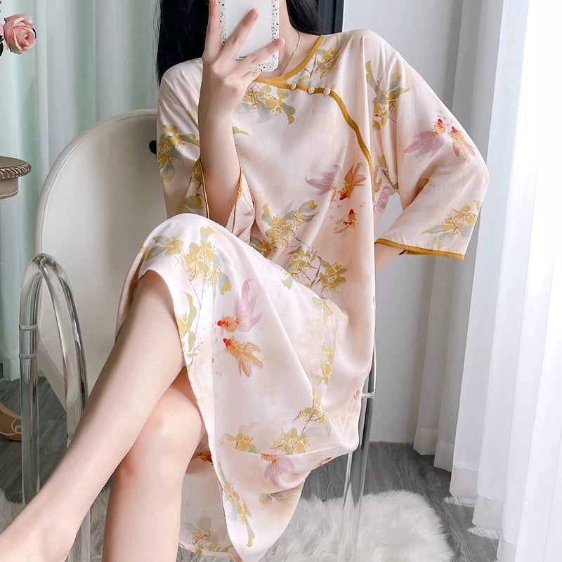 Pambıq ipək pijama qadın yay orta qollu gecə paltarı böyük ölçülü süni pambıq ipək yeni Çin üslubunda nazik boş ev geyimi uzun yubka