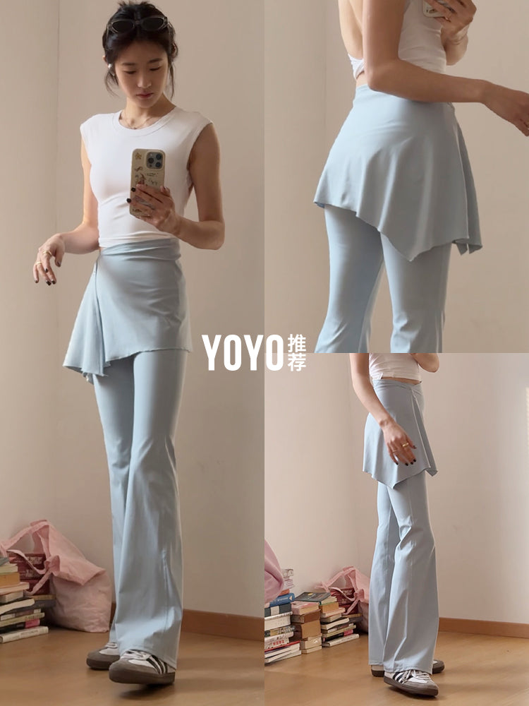 Yoyo yoqa şalvarları, saxta iki hissəli örtük ətəkləri, yeni yay göbəklərini qaldıran idman idmanı mikro alovlu geniş ayaqlı fitnes şalvarlarını tövsiyə edir