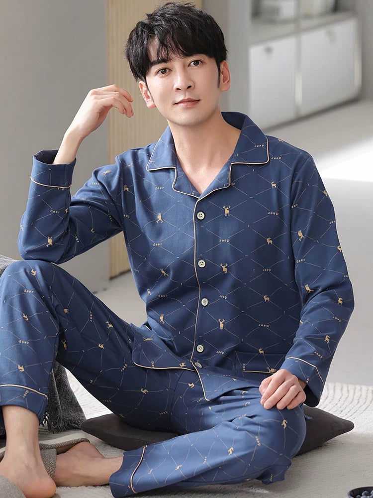 Langsha Kişilər üçün Təmiz Pambıq Pijama 2025 Yeni Yaz və Payız Nazik Uzunqollu Böyük Ölçülü Payız və Qış Kişilər üçün Ev Geyimləri Dəsti