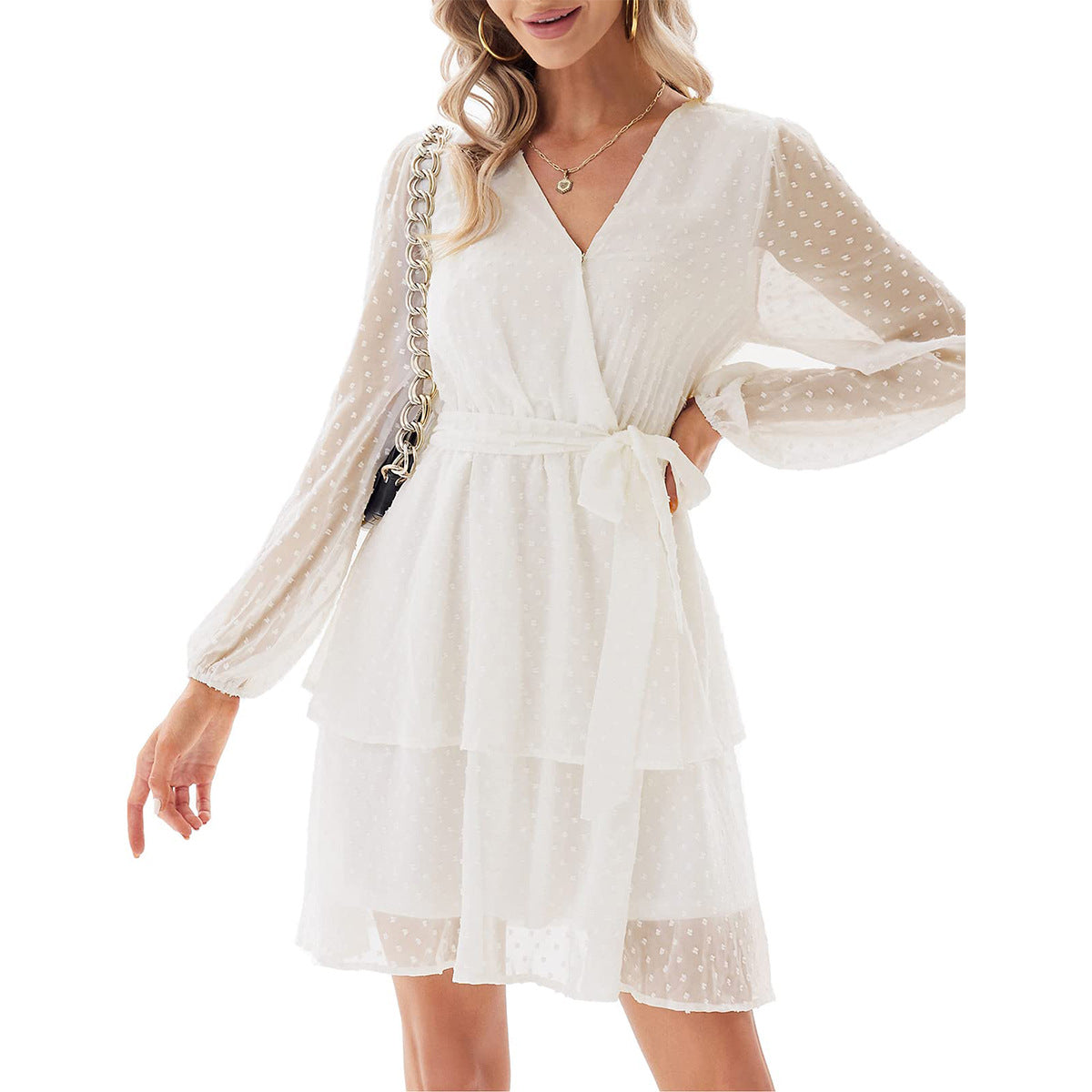 Qadın şifon V-yaxalı don fənər uzunqol kokteyl