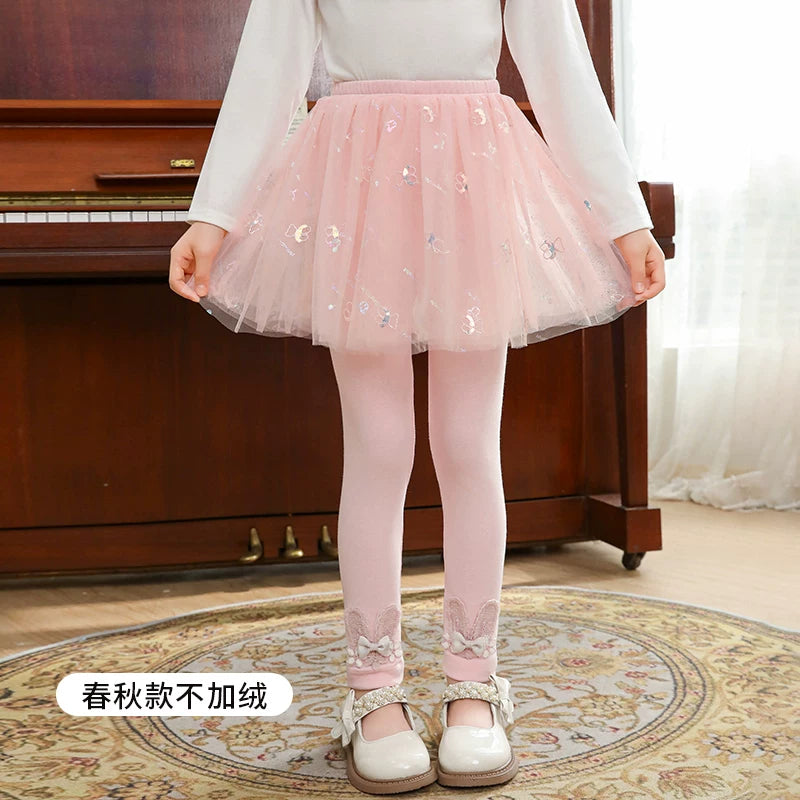 Qızlar üçün bir hissəli ətək şalvarları, 2025-ci ilin yaz və payız mövsümü üçün yeni model uşaq qış geyimləri, flis astarlı, süni iki hissəli leqinslər, ağ, çöldə geyinmək üçün.