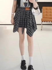 Retro dama-dama midi ətək, yeni 2026 yay üslubunda, böyük ölçüdə, yüksək belli, arıqladıcı, nizamsız A-xəttli qısa ətək.