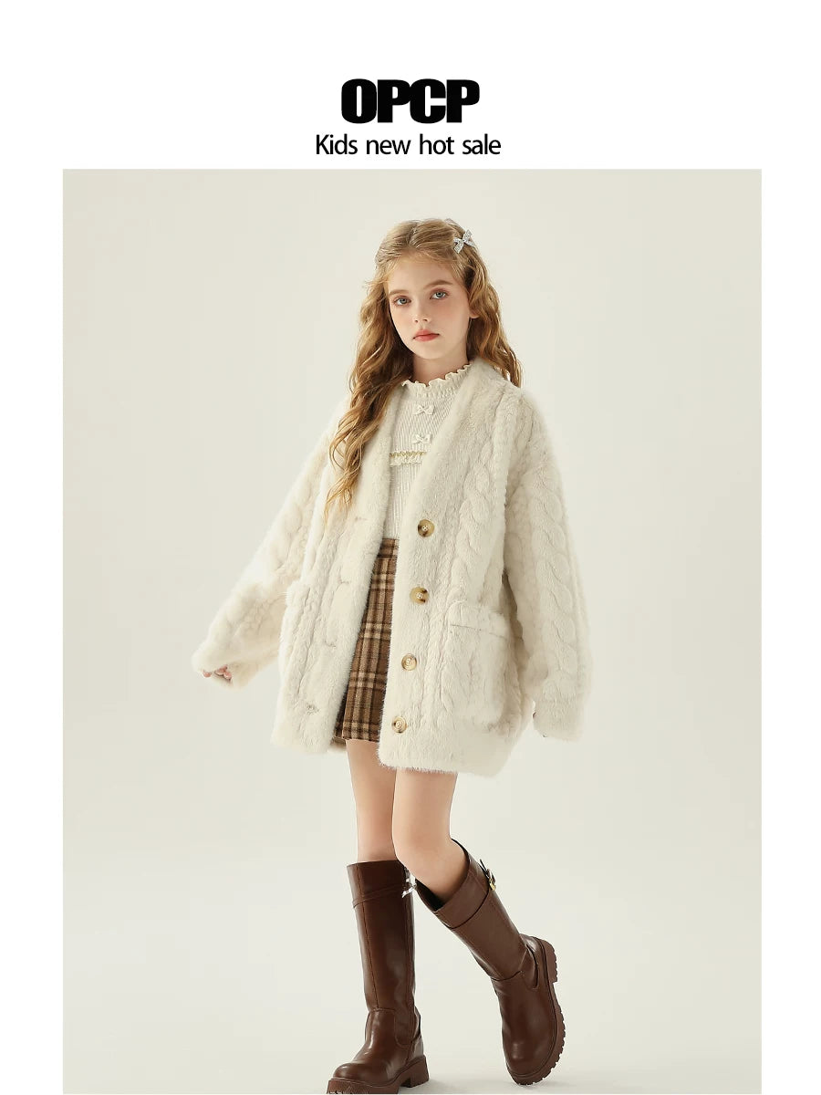 OPCP Uşaq Xəz Paltosu, Yeni Payız/Qış Modeli, Qızlar üçün Kabel Örgü Naxışlı Süni Mink Qısa Kardiqan