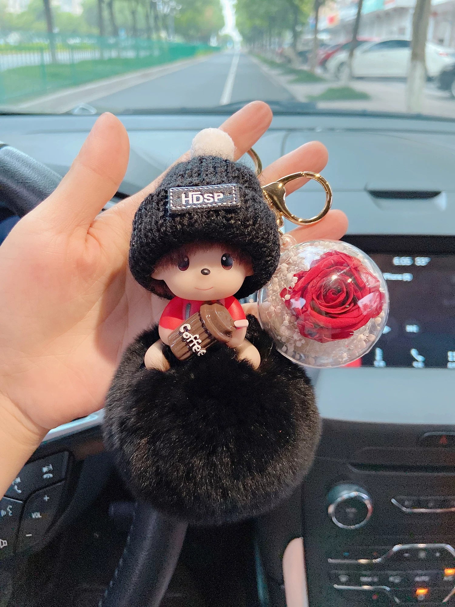Cute Plush Preserved Flower Car Key Chain Ring Cartoon Wool Hat Doll Rabbit Fur Key Chain Backpack Pendant