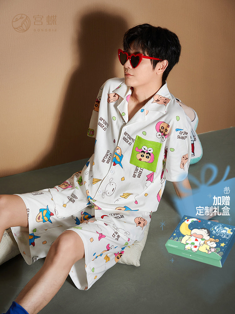 Gongdie [cool type] Crayon Shin-chan qısaqol kişi yay pijaması, təmiz pambıq, çöldə geyinmək olar, yeniyetmələr üçün ev paltarı