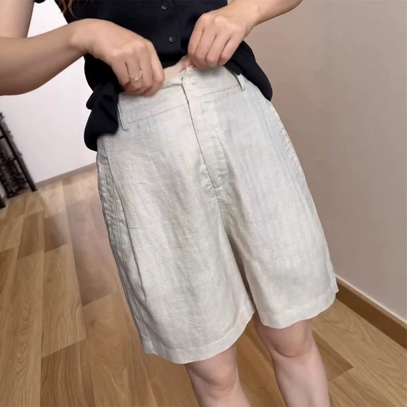 Qadınlar üçün Tencel Kətan Geniş Ayaqlı Şortlar, Yay Nazik Model, Böyük Ölçü, Yüksək Bel, Arıqladıcı, Boş Forma, Sadə və Gündəlik Beş Nöqtəli Şalvar