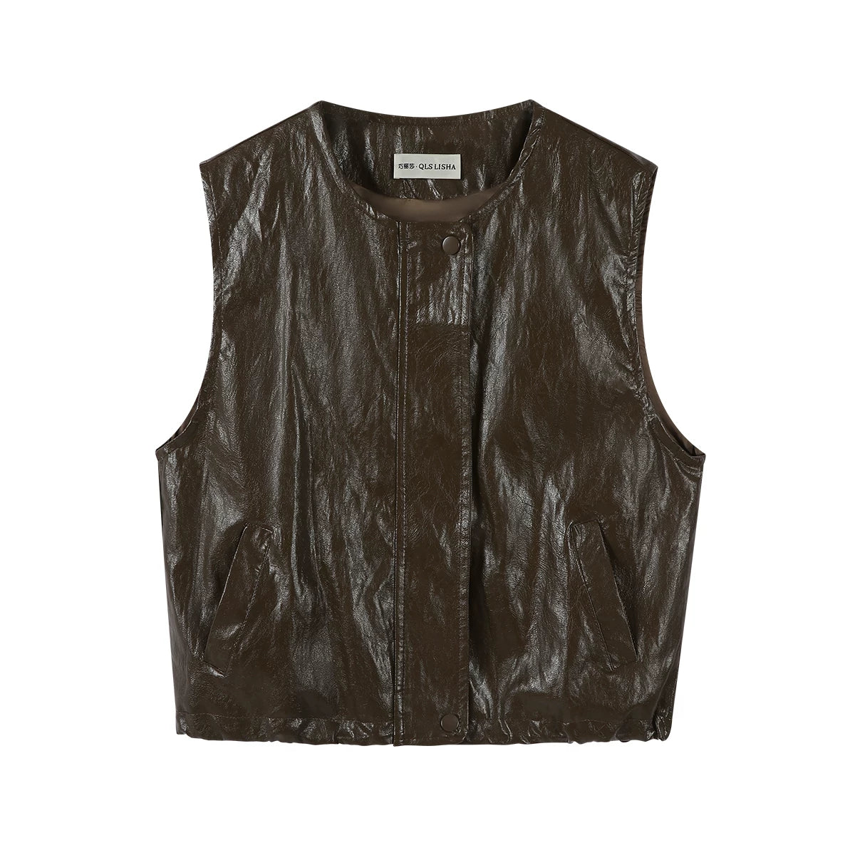 Chola Lisa Erkən Payız Modası Qolsuz Dəri Gödəkçə Qadın Dizaynı Unikal Dəyirmi Yaxalı Boş Üst