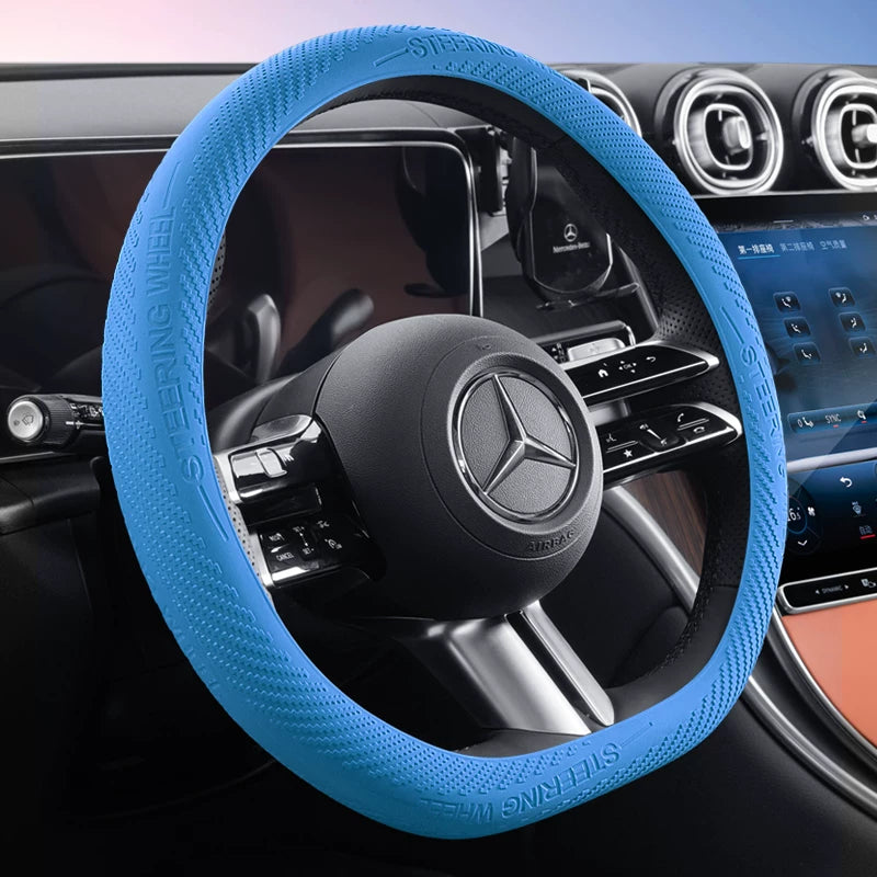 Car silicone steering wheel cover, for all seasons, sweat-absorbent, non-slip, ultra-thin, premium-looking steering wheel accessory.