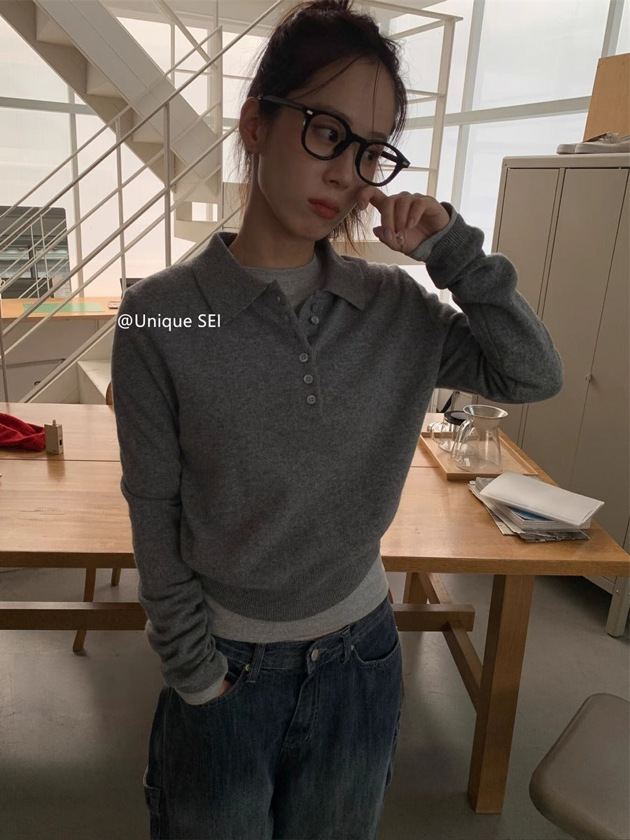 Unikal SEI Küçə Stilində Koreya Tənbəl Polo Yaxalıq Düyməli Boş Gündəlik Çoxfunksiyalı Uzunqollu Trikotaj Sviter