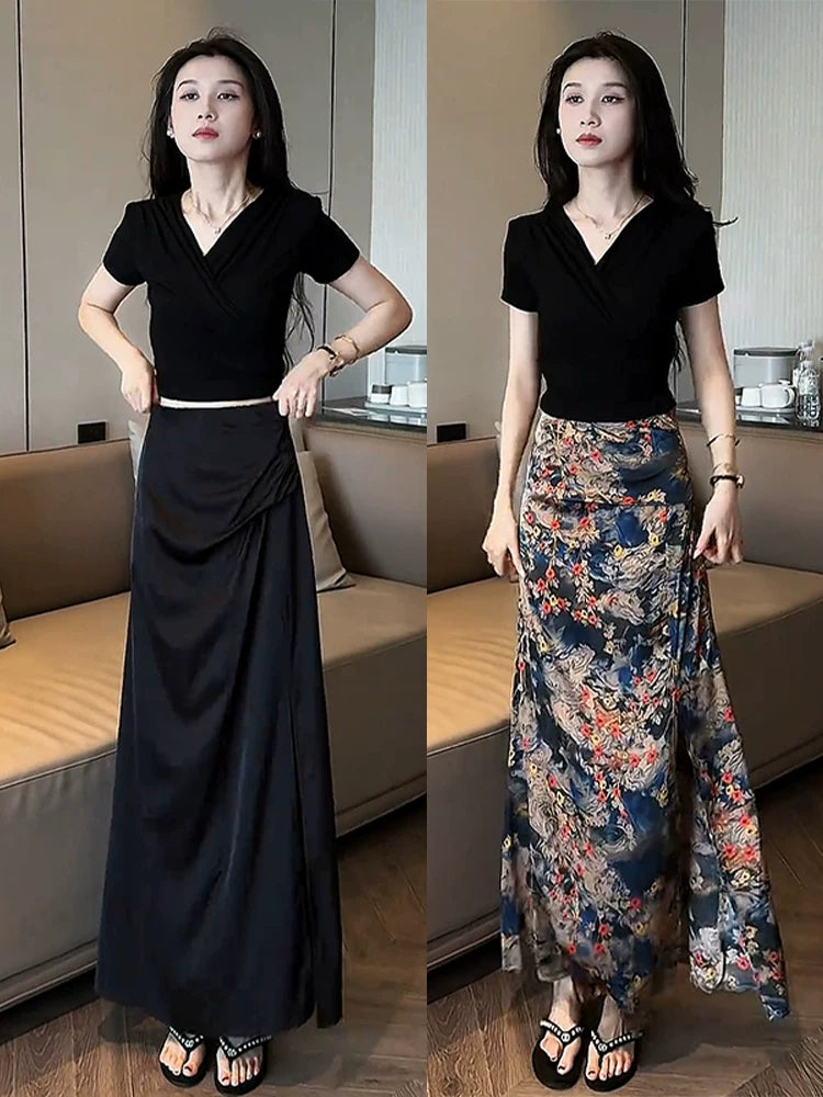 Qadınlar üçün yay moda temperament kostyum yubka 2026 yeni nazik qısaqol köynək yüksək bel yarıq yubka iki parça dəst