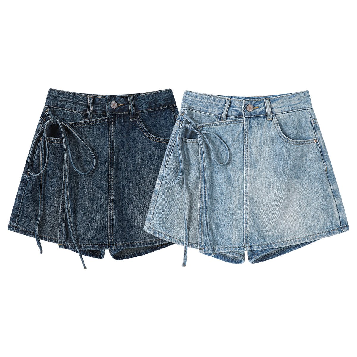 Chorissa Amerika üslubunda, yüksək belli, geniş ayaqlı, açıq rəngli denim şort, yeni yay dizaynı, arıqladıcı və ombaya yapışan stil.