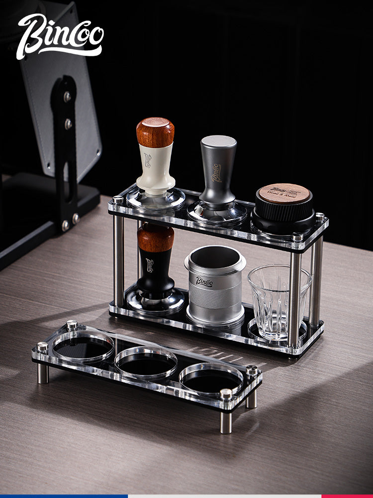 Bincoo akril iki qatlı qəhvə qabı saxlama rafı 51/58 mm universal preslənmiş toz dispenser saxlama bazası