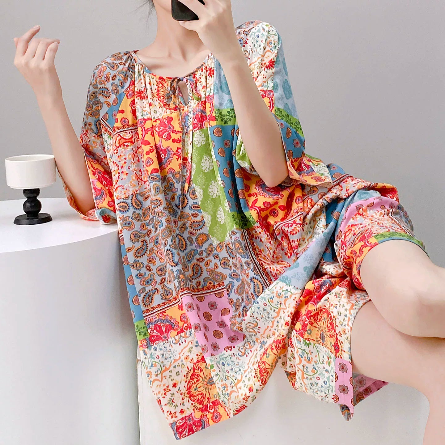 Qadınlar üçün yeni Çin üslublu retro pambıq ipək pijama, yay qısaqol şort, boş və geyilə bilən, yüksək səviyyəli ev paltarı dəsti