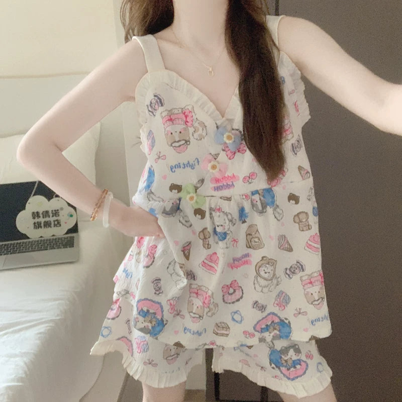 Döş yastıqlı asma şort, qadın pijama, yay yeni stil, buludlu pambıq tekstura, çöldə geyinmək olar, şahzadə üslubunda ev paltarı dəsti