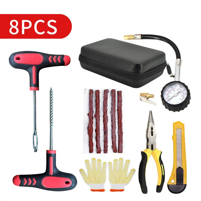 Car tire repair tool kit, motorcycle and electric vehicle tubeless tire repair tool kit, tire repair kit, emergency tire strips