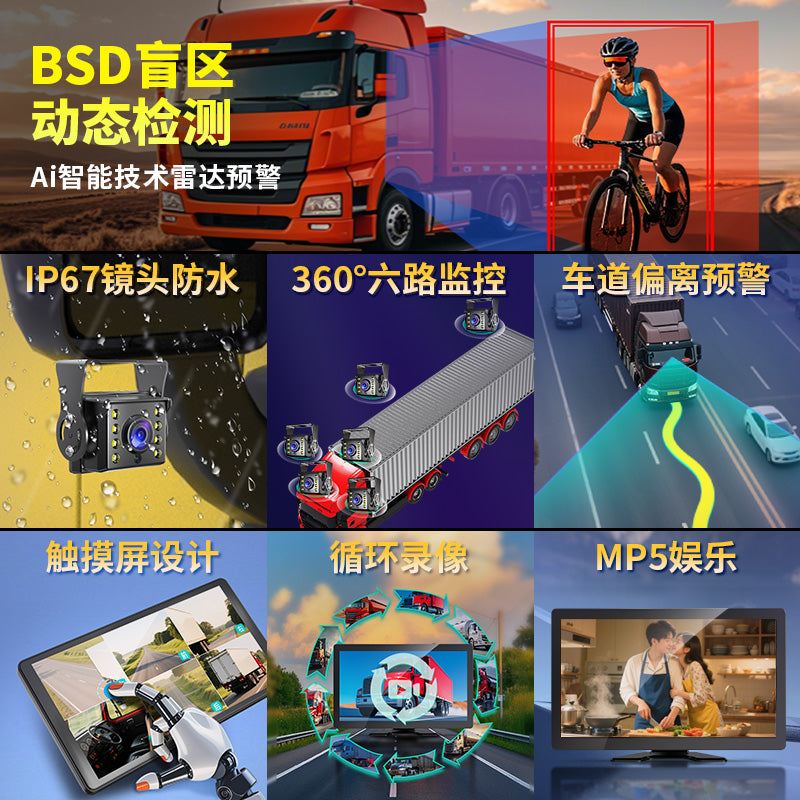 The 456-way truck dash cam combines high-definition night vision, blind spot warning, 1080P reversing camera and other functions.