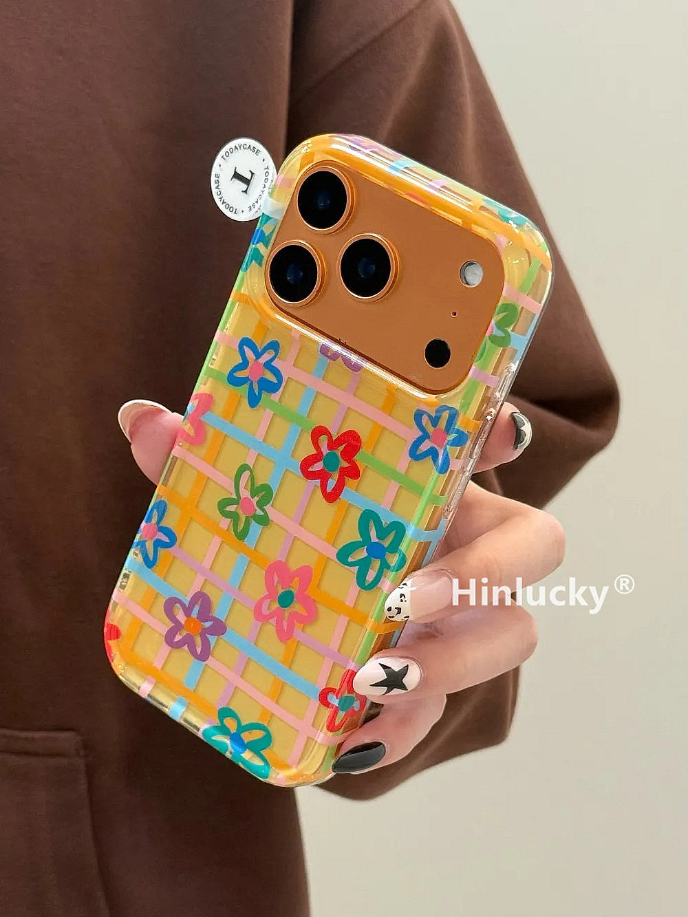 Hinlucky Koreya ins sarı fonda Apple 17 mobil telefon qutusu üçün uyğun rəngli ekose çiçəklər iphone16promax yeni 15 ikiqat qat 14 düşmə əleyhinə qoruyucu örtük 13 super gözəl görünüşlü 17pro niş