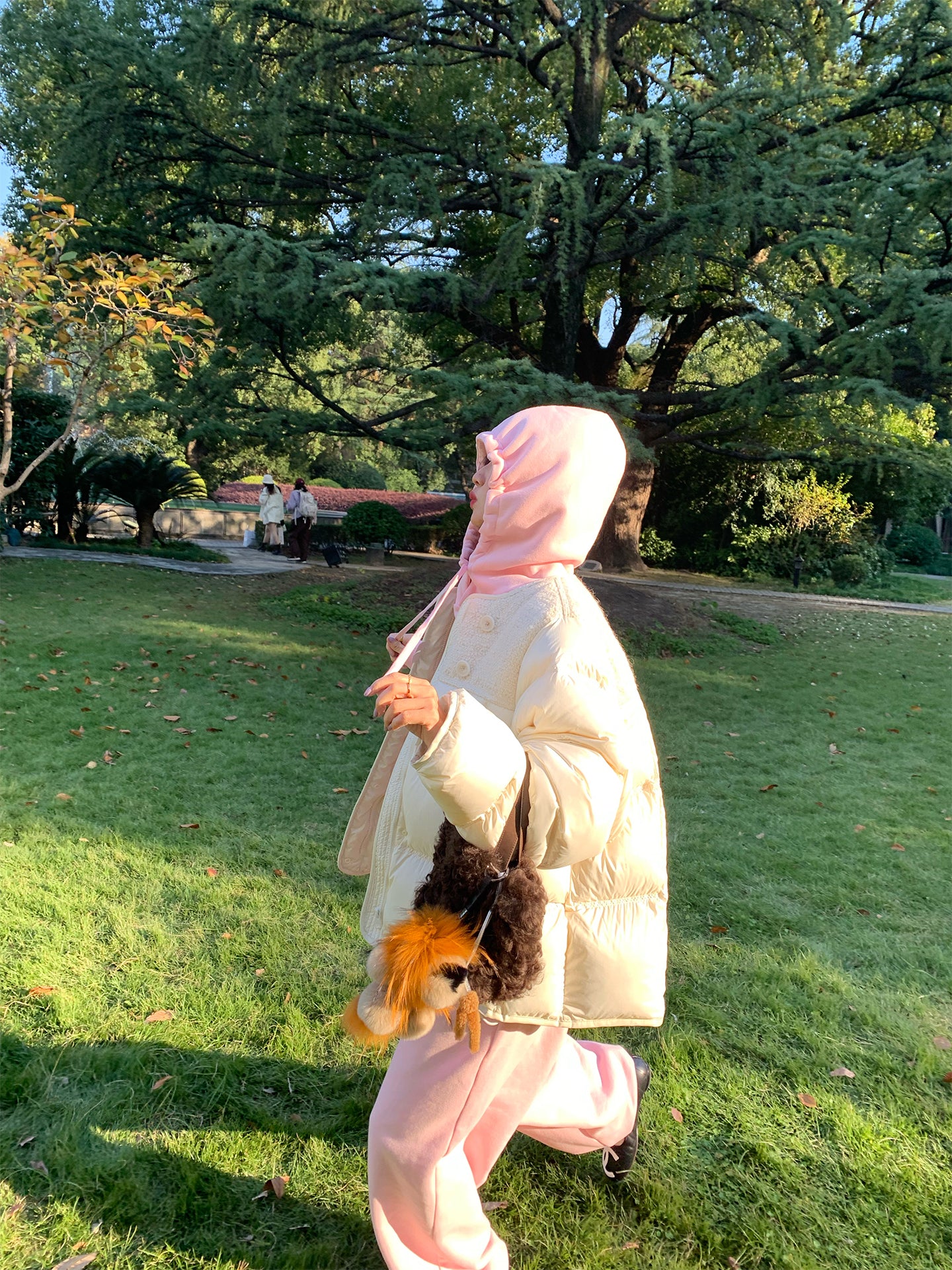 Luo Luo'nun 2025-ci il Yeni Qadınlar üçün Çəhrayı Yun Astarlı Sviter İki Parçalı Dəst + Boş İdman Şalvarı