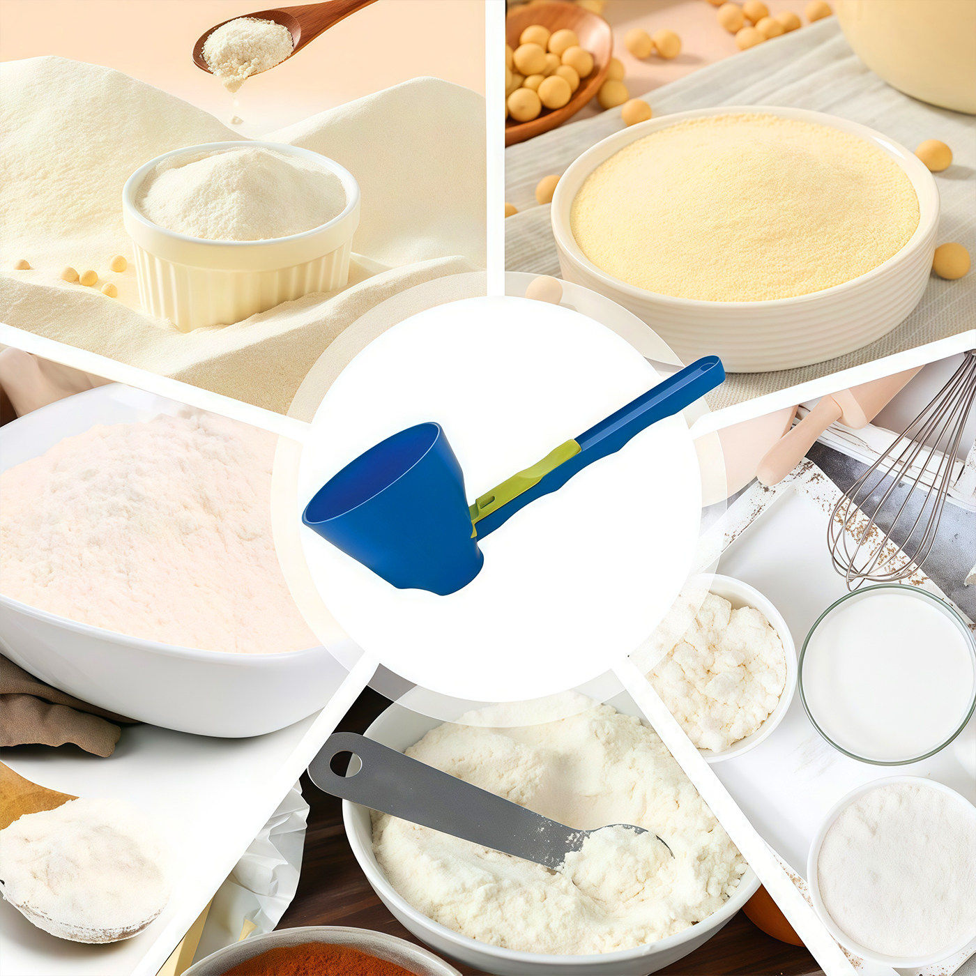 Yeni çoxfunksiyalı ölçmə qaşığı huni sızdırmaz paylama musluğu yaradıcı protein tozu sürüşən qaşıq qəhvə süd tozu sızdırmaz qaşıq