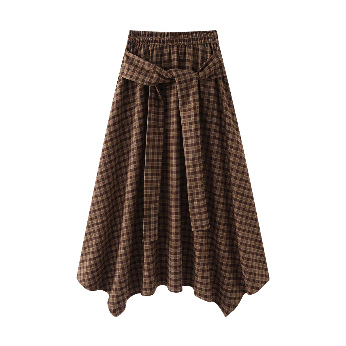 Cholisa-nın qeyri-müntəzəm retro dama-dama ətəyi, payız üçün mükəmməl olan, yüksək belli, axan A-xəttli ətəkdir.