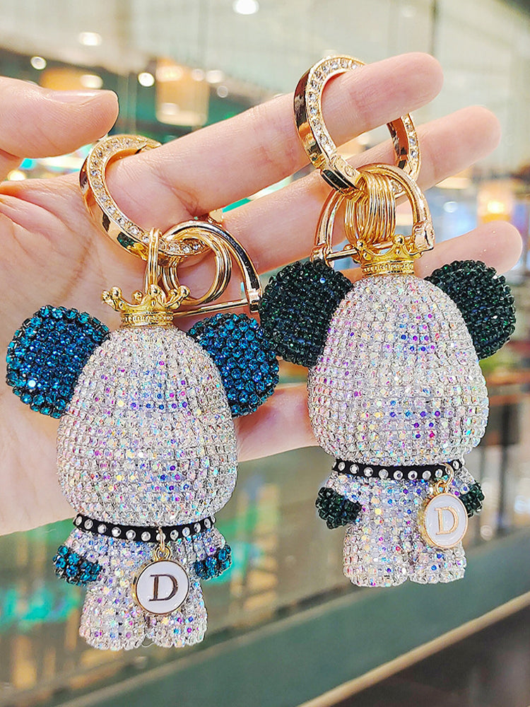 Cartoon full diamond bear-shaped car key chain, creative design, optional diamond-encrusted license plate pendant, anti-loss key chain gift.