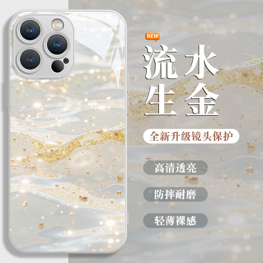 Axan su qızılı Apple 16promax Fengqichaoming kobrendli mobil telefon qutusu üçün uyğun edir iPhone15pro şüşə qutu 14Plus yüngül lüks 13mini moda 12 niş 11 art xsmax yeni stil