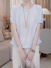 Qadın üçün fransız üslubunda büzməli mavi qısaqol köynək, yeni 2026-cı ilin yayı, böyük ölçüdə, arıqlama üçün və çox gözəl top.