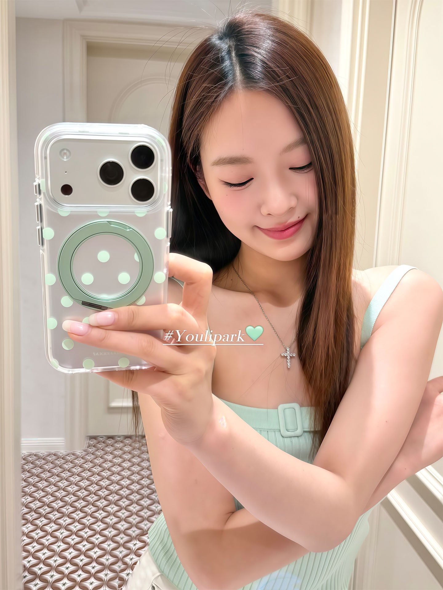 Yuri Park ins Koreya nanə yaşıl ləkəli fırlanan maqnit stend 17 17pro Apple 17ProMax mobil telefon qutusu iPhone16 hər şey daxil 14 yeni 16Promax qadınlar üçün qoruyucu örtük