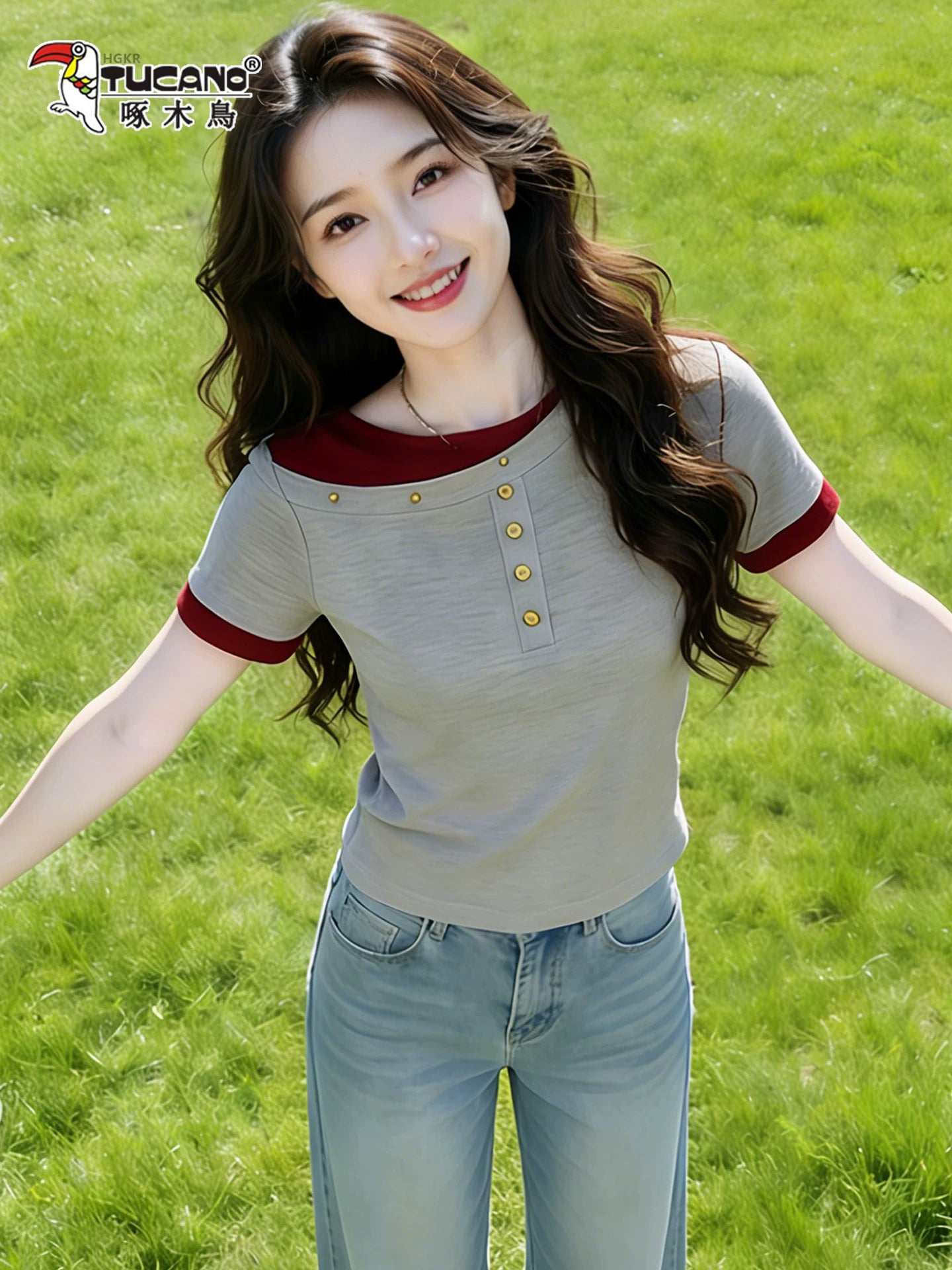 Ağacdələn yay tətili iki hissəli təmiz pambıq qısaqol qadın köynəyi yeni təzadlı rəngli dairəvi boyunlu nazik nazik Qərb üslublu top köynək