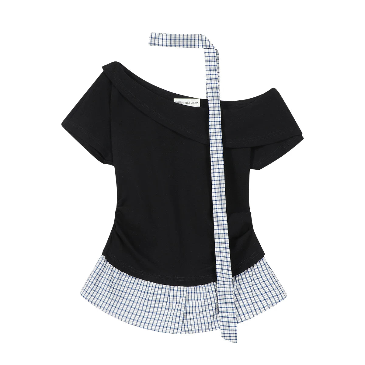 Unikal Çiyin Açıq və Birləşdirilmiş Dizaynlı Cholisa Faux İki Parçalı İncə Fit Qısa Qollu Top, 2026 Yeni Gəliş Qadın Geyimləri