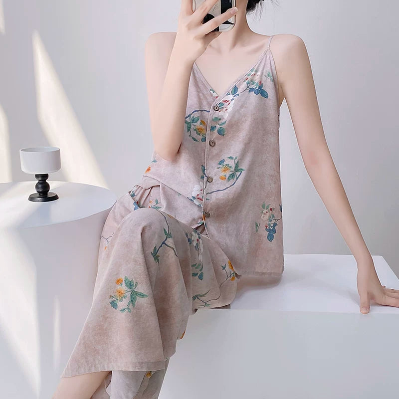 Qadınlar üçün yeni Çin üslublu milli üslublu pijama yay pambıq ipək yüksək səviyyəli yeni Çin üslubunda milli üslubda ev paltarları dəsti nazik süni pambıq