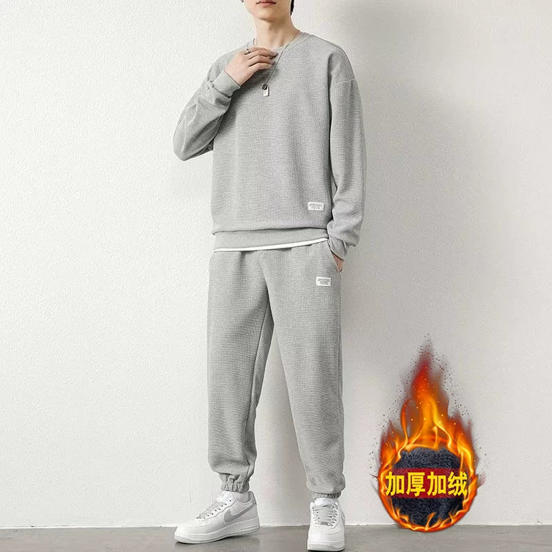 Endirimli Endirim: Kişilər üçün Gündəlik İdman Kostyumu, Böyük Ölçülü, Vafli Örgülü, Yun Astarlı, Payız və Qış üçün Qalın Sviter və Şalvar