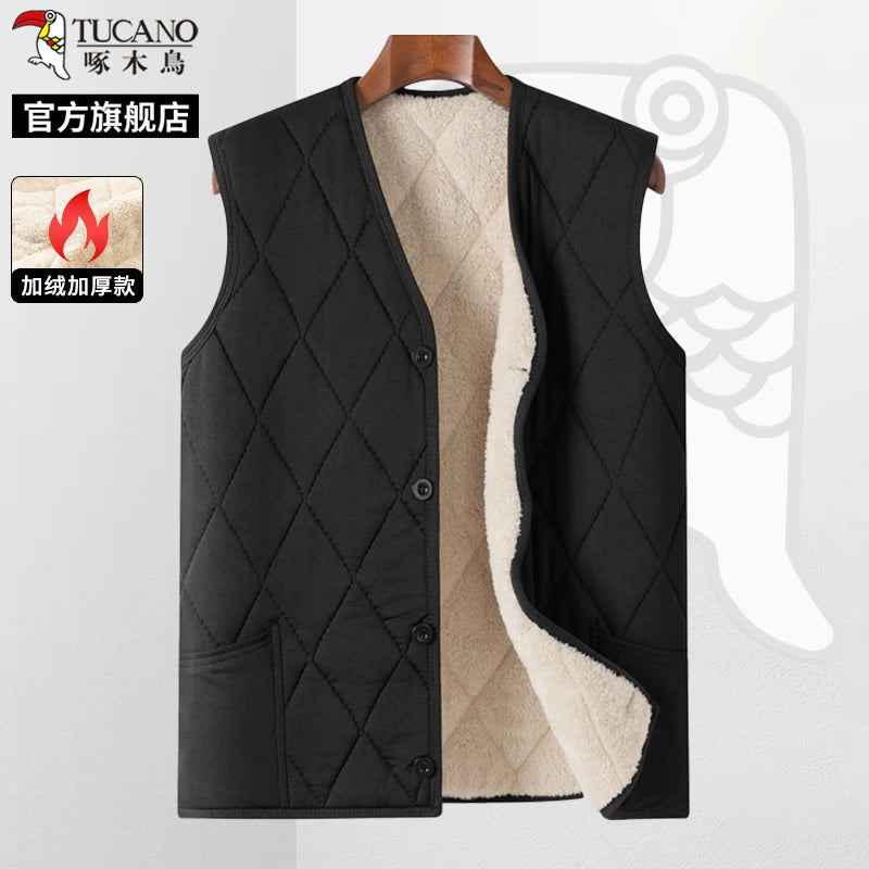 Woodpecker 2025 Qış Yeni Kişilər üçün Yun Astarlı Qalın Jilet, Orta Yaşlı və Yaşlı Atalar Üçün Üst Geyim, İsti Jilet C