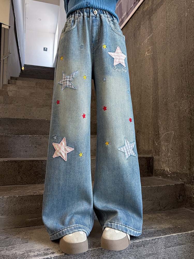 Qızlar üçün yun astarlı şalvar, payız/qış üslubunda, 2025 yeni üslubunda, böyük uşaqlar üçün enli ayaqlı şalvar, qış üçün qalınlaşdırılmış gündəlik cins şalvar.