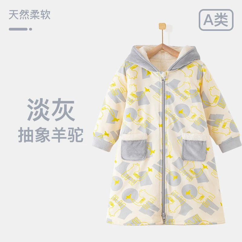 Körpə qış isti xalat, körpə pijamaları, oğlan və qızlar üçün yun astarlı, qalınlaşdırılmış uşaq mərcan yun ev xalat pijamaları