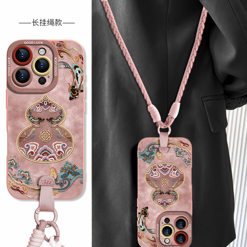 [Crossbody bilək bağı] Dunhuang gourd Apple 17promax cib telefonu qutusu iphone16pro yeni stil 15 kəmər hava super isti 14 yüksək səviyyəli hiss 13 silikon hər şey daxil 12 mədəni və yaradıcı dəst üçün uyğundur
