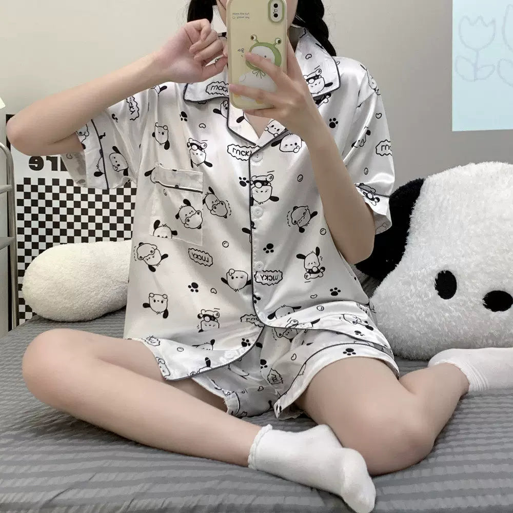 2026 Yeni Buz İpək Pijama Qadın Yay Qısaqol Karikatura Sevimli Yağ mm Plus Size Tələbə Ev Geyimi Dəsti