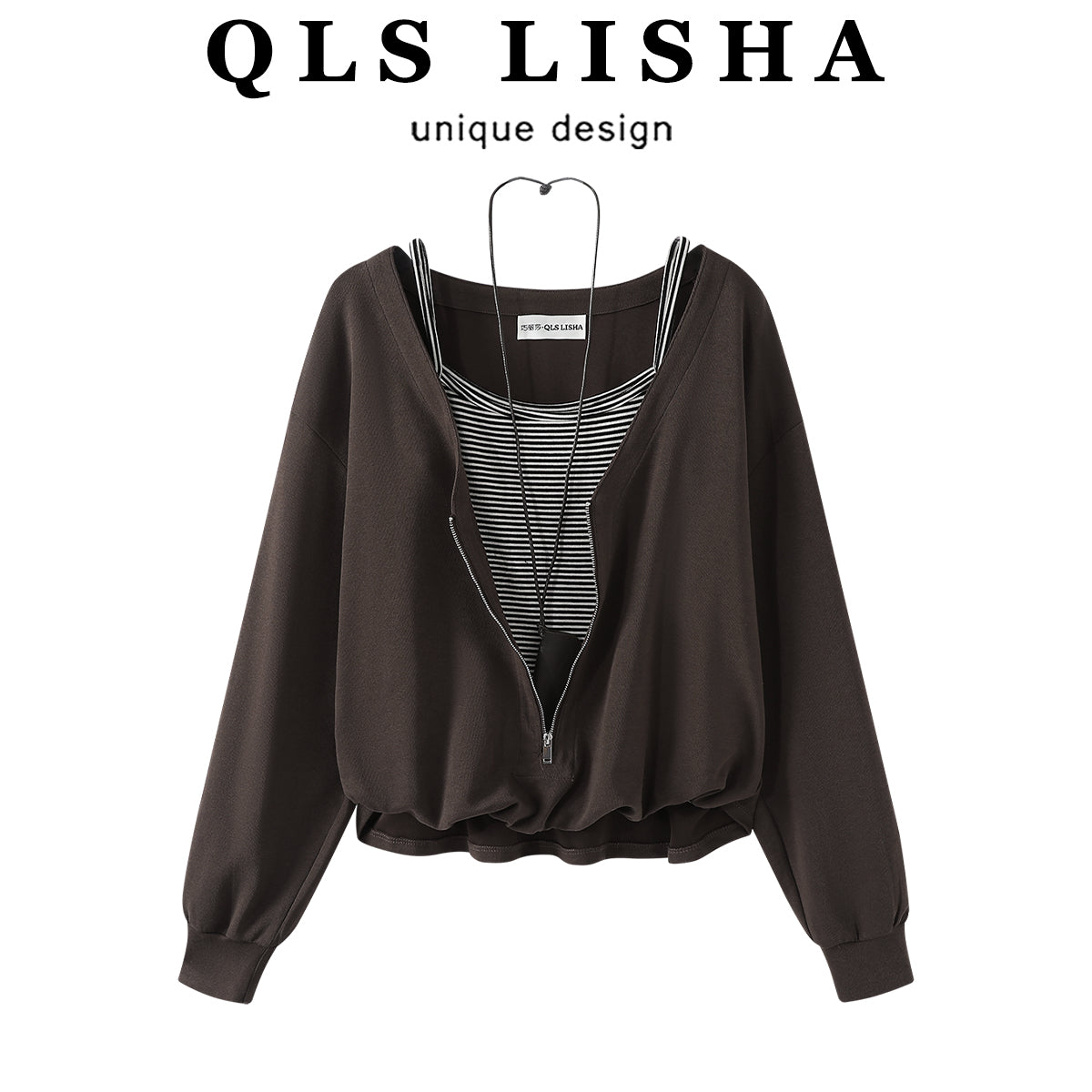 Cholisa-nın özünəməxsus və şık Koreya üslubunda cazibədar qız topu, yamaqlı asma zolaqlı saxta iki hissəli erkən payız uzunqol sviter