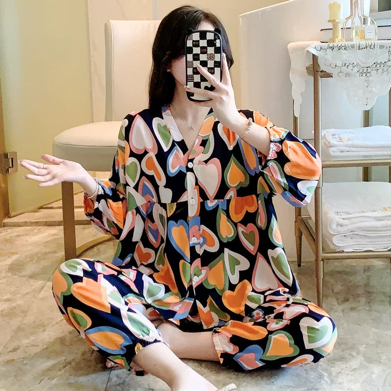 Qadınlar üçün 2026 yeni pambıq ipək pijama, yay süni pambıqlı ev paltarları, yay üç rüb qollu kostyumlar, çöldə geyilə bilər