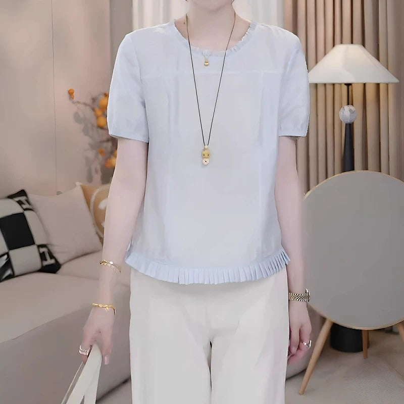 Qadın üçün fransız üslubunda büzməli mavi qısaqol köynək, yeni 2026-cı ilin yayı, böyük ölçüdə, arıqlama üçün və çox gözəl top.