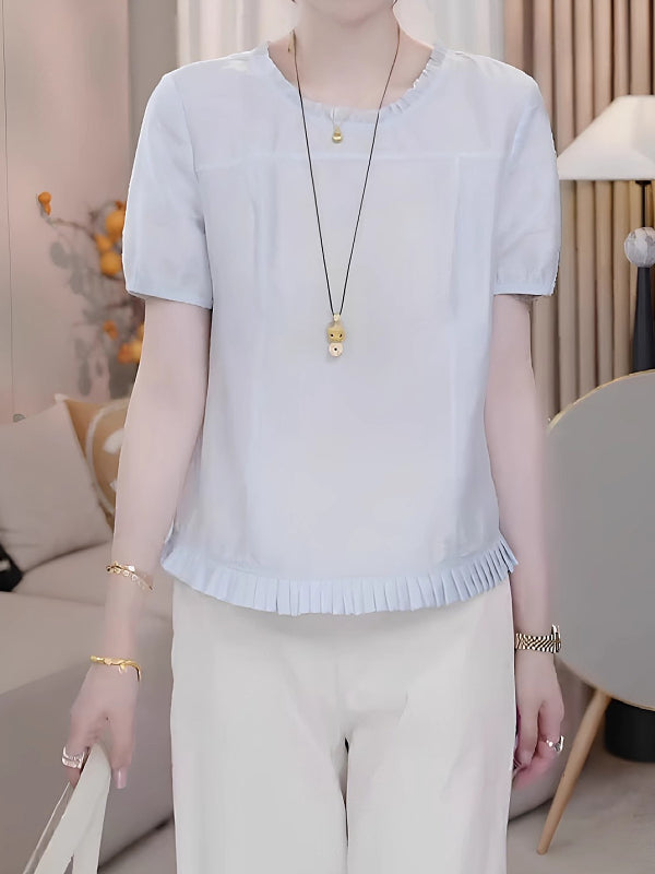 Qadın üçün fransız üslubunda büzməli mavi qısaqol köynək, yeni 2026-cı ilin yayı, böyük ölçüdə, arıqlama üçün və çox gözəl top.