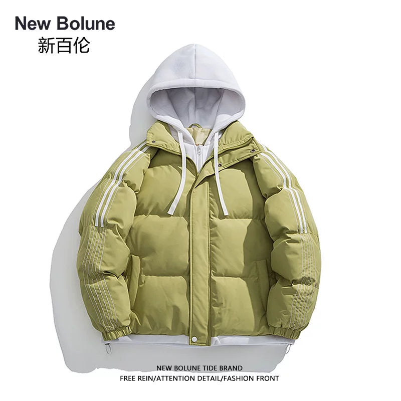 NEW BOLUNE/New Balance Qış Başlıqlı Pambıq Yastıqlı Gödəkçə, Kişilər üçün Yüksək Keyfiyyətli Amerika Retro Qalın Pambıq Yastıqlı Gödəkçə