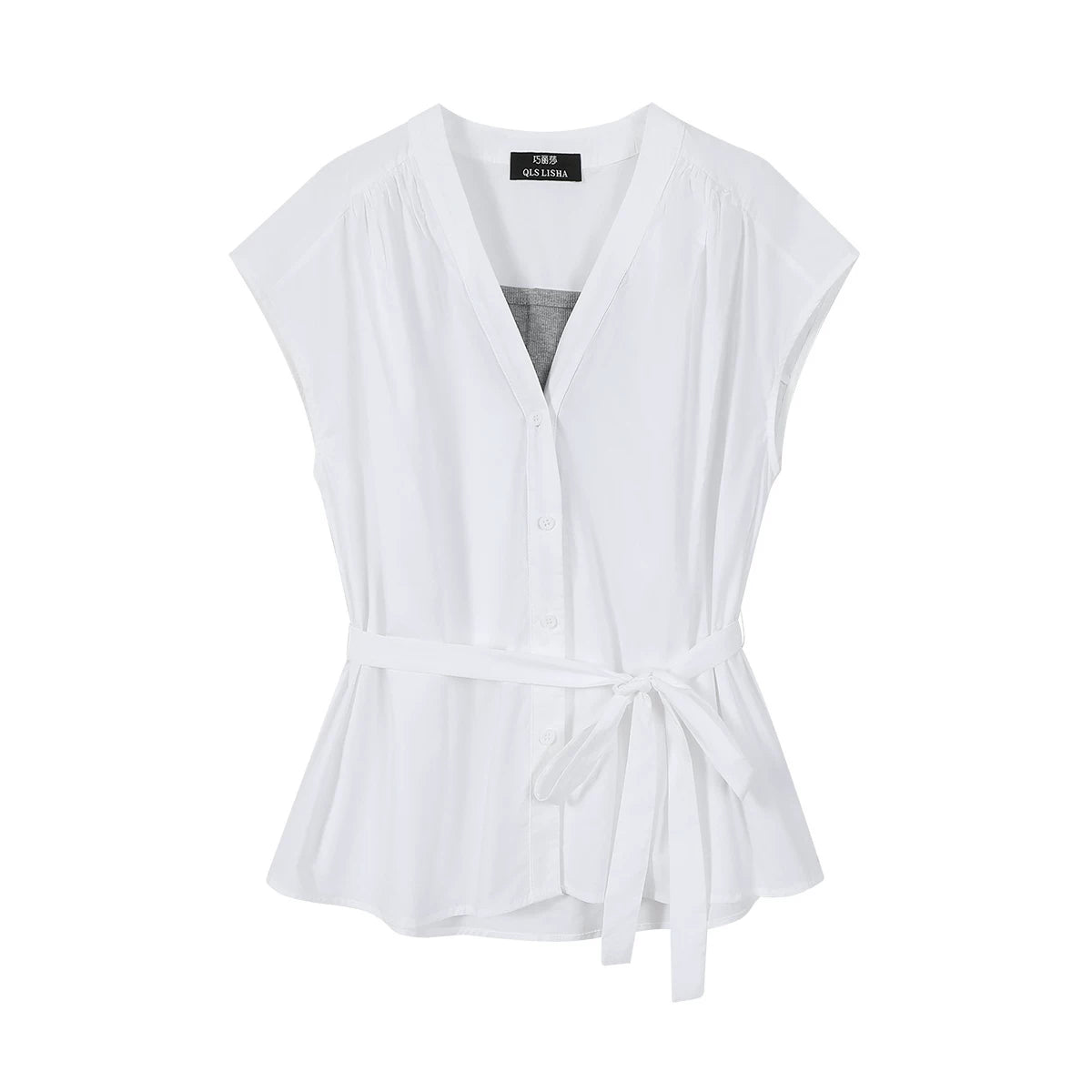 Chorlisa qadın köynəyi, yüksək keyfiyyətli, dəbdəbəli, gənc, şık V-yaxalı, süni iki hissəli, fransız üslubunda rahat və rahat top, yay.