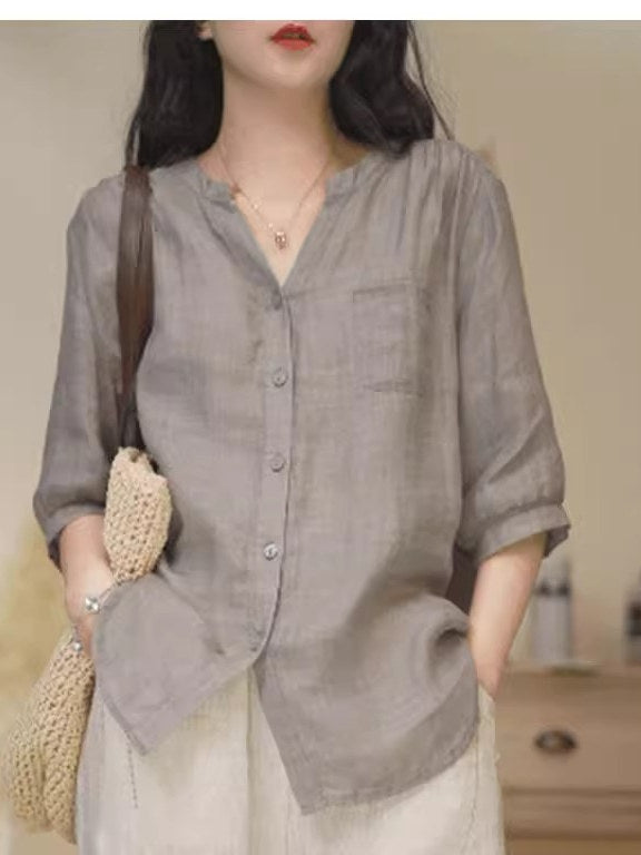 Düz rəngli V-yaxalı rami köynək, yeni yay stili, böyük ölçü, geniş forma, qarnını gizlədir, qolların dörddə üçü, dəbli top.