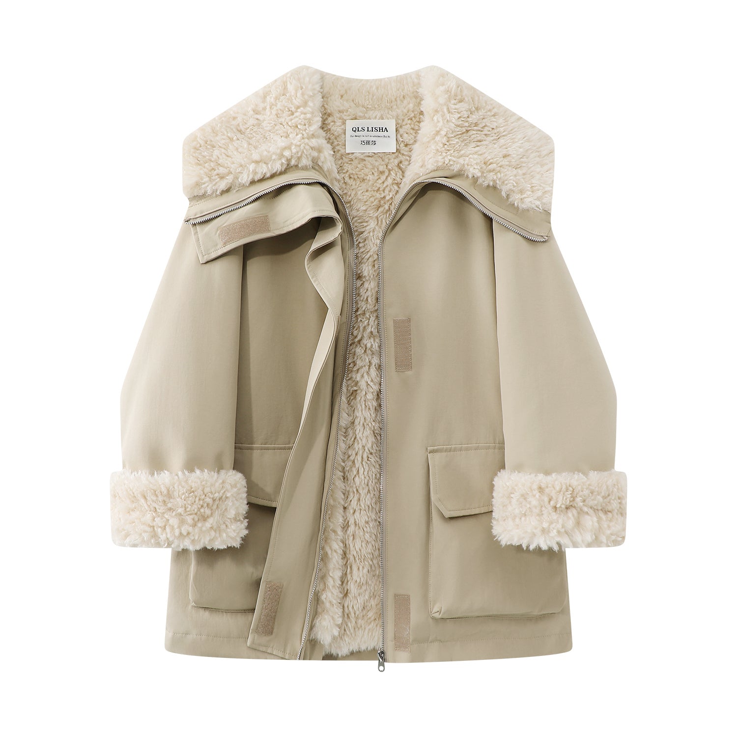 Cholisa yun astarlı, qalınlaşdırılmış, böyük yaxalı iş geyimi palto, qış quzu yunundan orta uzunluqlu parka pambıq qadın paltosu.